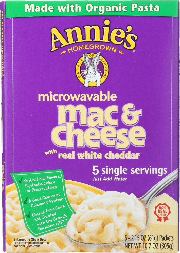 ANNIE'S HOMEGROWN: Macaroni and Cheese with Real White Cheddar 5 Single Servings, 10.7 Oz